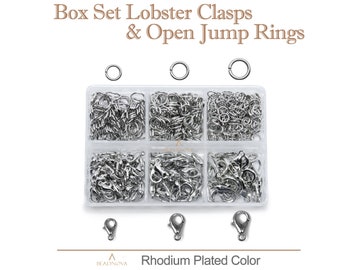 Rhodium vergulde kreeft sluitingen &open jump rings box set diverse grootte gemengde rhodium kleur klauw sluitingen jumprings 3 maten voor sieraden maken