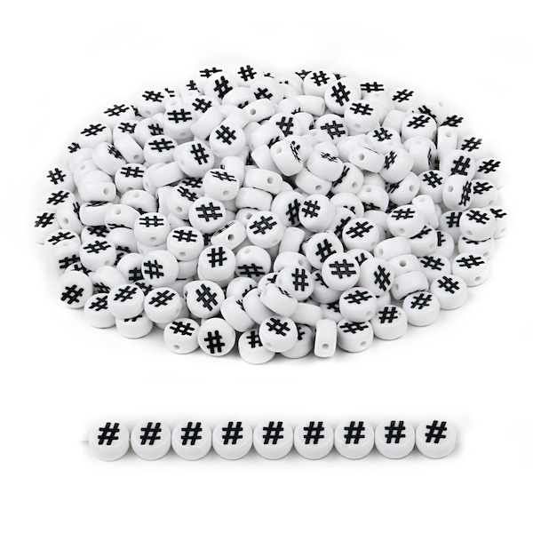 Acrylic Hashtag Sign # Beads Flat Round Pony Spacer Symbol Beads Black and White Beads For DIY Friendship Bracelet Necklace Making 100pcs