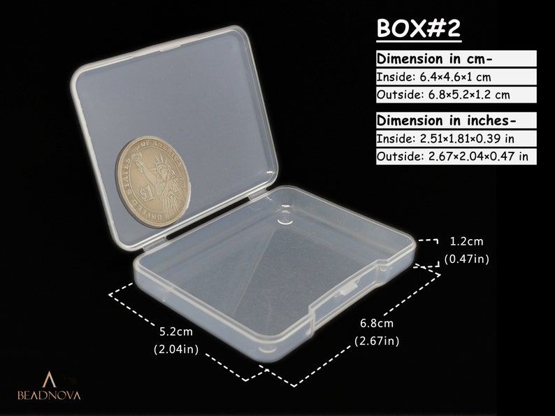 May include: A clear plastic storage box with a hinged lid. The box is 6.8 inches long, 5.2 inches wide, and 1.2 inches high. The box is labelled "BOX#2" and includes measurements in both inches and centimetres.