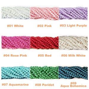 May include: A collection of nine strands of round beads arranged in a grid. The colors are labeled as #01 White, #02 Pink, #03 Light Purple, #04 Rose Pink, #05 Red, #06 Milk White, #07 Aquamarine, #08 Peridot, and #09 Aqua Bohemica.