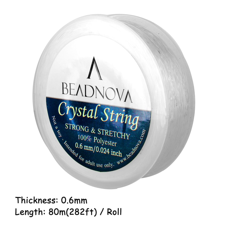 May include: A white spool of Beadnova Crystal String, strong and stretchy, 100% polyester, 0.6 mm/0.024 inch, 80 meters (282 feet) per roll.