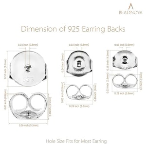 May include: A close-up of 925 sterling silver earring backs with measurements in inches and millimeters. The earring backs are designed with a post and a butterfly closure.