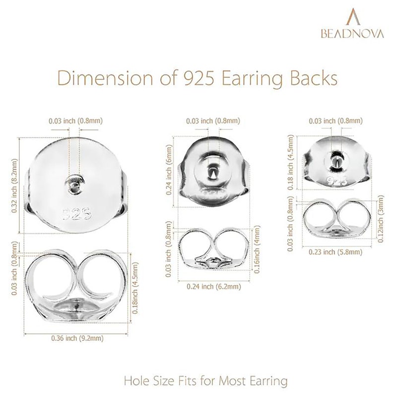 May include: A close-up of 925 sterling silver earring backs with measurements in inches and millimeters. The earring backs are designed with a post and a butterfly closure.