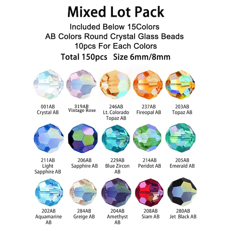 4/6/8mm AB Colors Aurora Borealis Coatings Crystal Round Faceted Beads Effects DIY Findings Beads Element Bulk Lot BEADNOVA 5000 Mixed Lot (150pcs)