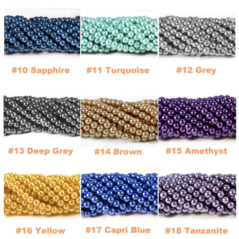 May include: Nine strands of round, lustrous beads arranged in a grid. Colors include sapphire, turquoise, grey, deep grey, brown, amethyst, yellow, capri blue, and tanzanite. Each strand is labeled with a number from 10 to 18 and its color name.