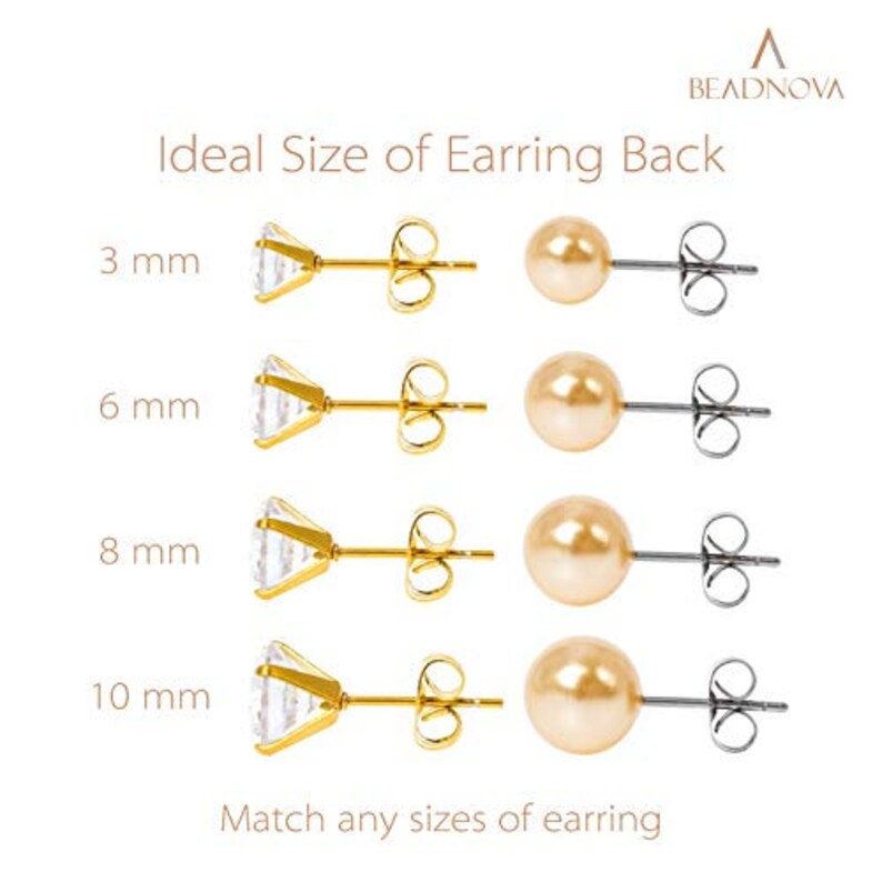 Puede incluir: Cuatro pares de cierres para pendientes en diferentes tama&ntilde;os: 3 mm, 6 mm, 8 mm y 10 mm. Cada par incluye un poste dorado con un cristal transparente y un poste plateado con una perla.
