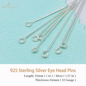 Alfinetes de olho de prata esterlina 925 calibre 22, alfinetes de cabeça de olho de 1 polegada, achados de joias para brincos, colares, fabricação de joias, 25/40 mm, 10/20/50 peças