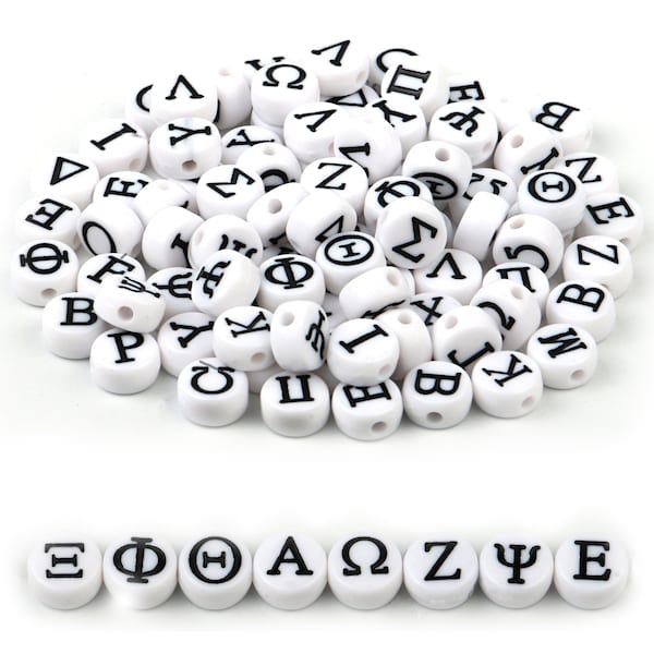 Greek Alphabet Beads, White Acrylic ABC Letter Flat Round Name Beads Initial Black Word Friendship Bracelet Beads Pony Bulk Assorted