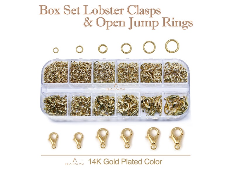 14k Gold Plated Light Gold Claw Clasps & Open Jump Rings Trigger Catch 3-8mm Rings 10 12 14mm Clasps Jewelry Kits Box Set For Jewelry Making image 1