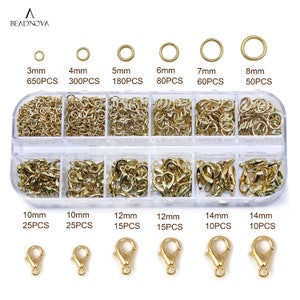 14k Gold Plated Light Gold Claw Clasps & Open Jump Rings Trigger Catch 3-8mm Rings 10 12 14mm Clasps Jewelry Kits Box Set For Jewelry Making image 2