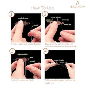 May include: A four-step guide on how to use a needle threader. The steps are illustrated with close-up images of hands using the tool. The text in the image reads: "How To Use", "needle threader", "small hook", "large hook", "needle eye", "Prepare needle and needle threader", "Depend on the size of needle eye, put the needle on small or large hook", "hook", "thread", "Put the thread on the hook", "Pull the needle threader out from the needle eye."