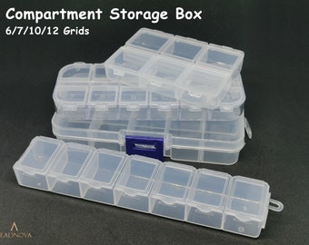 May include: Clear plastic compartment storage boxes with lids. The boxes have 6, 7, 10, and 12 grids. The boxes are stacked on top of each other.