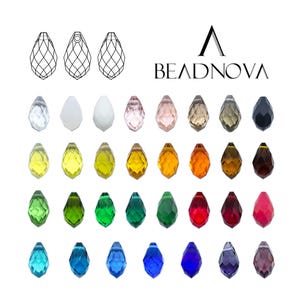 May include: A collection of teardrop-shaped crystal beads in various colors, including clear, white, pink, brown, black, yellow, orange, green, red, blue, and purple. The BEADNOVA logo and three line-art diagrams of the bead shape are at the top.