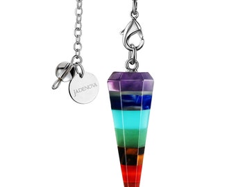 JADENOVA 7 Chakra Conical Gemstone Pendant Necklace Energy Healing Crystal Pendulum Necklace Stainless Steel Chain