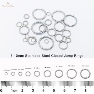 May include: A selection of stainless steel closed jump rings, varying in size from 3mm to 10mm. A ruler is included for scale, with measurements in millimetres. The image text states "3-10mm Stainless Steel Closed Jump Rings".