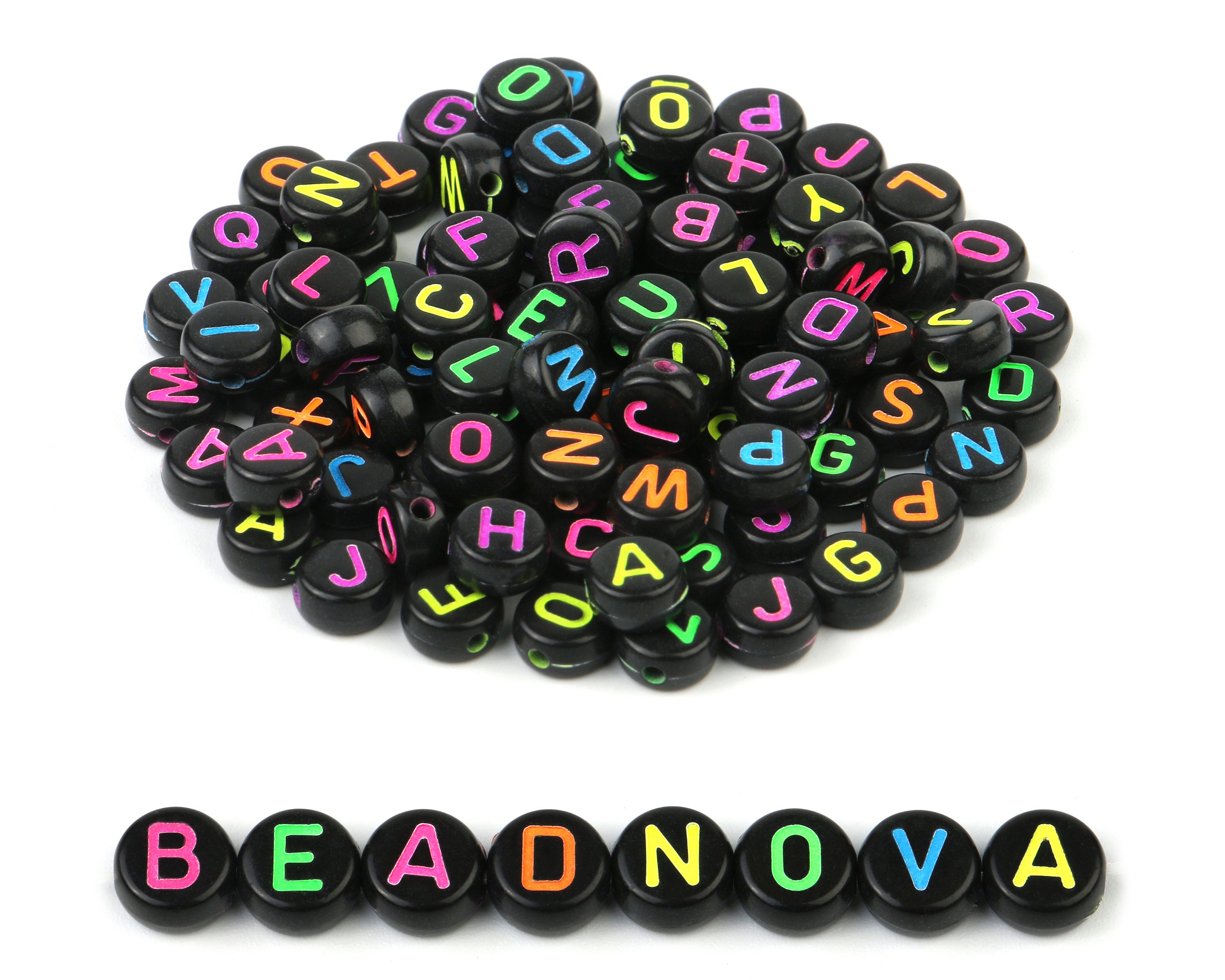 100 Perles Acryliques Rondes 9mm Noires/blanches Avec Lettres Noires - Origine Chine