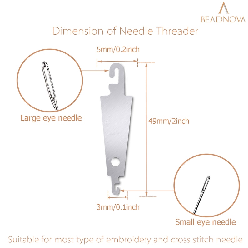 May include: A silver needle threader tool with a hook at the top and a hole in the middle. The tool is 49 mm (2 inches) long and 5 mm (0.2 inches) wide. The text "Dimension of Needle Threader" is at the top of the image. The text "5mm/0.2inch" is above the tool. The text "49mm/2inch" is to the right of the tool. The text "3mm/0.1inch" is below the tool. The text "Large eye needle" is below a close-up image of a needle with a large eye. The text "Small eye needle" is below a close-up image of a needle with a small eye. The text "Suitable for most type of embroidery and cross stitch needle" is at the bottom of the image.