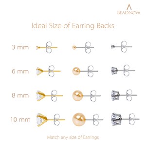 May include: A chart showing the ideal size of earring backs for different earring sizes. The chart shows four rows of earring backs, each row representing a different size: 3 mm, 6 mm, 8 mm, and 10 mm. Each row shows three different styles of earring backs: a clear crystal, a gold ball, and a silver ball.