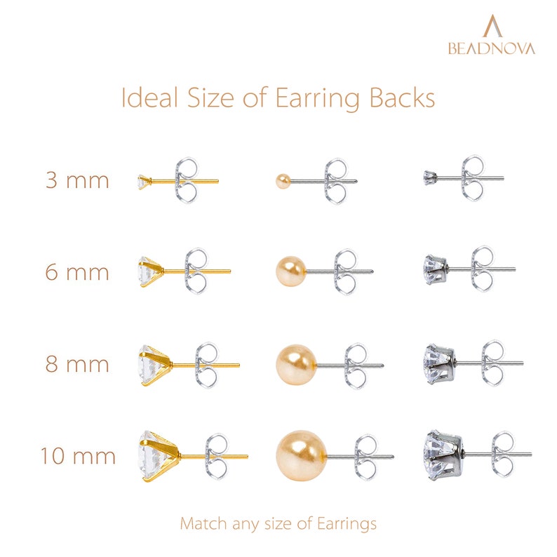 May include: A chart showing the ideal size of earring backs for different earring sizes. The chart shows four rows of earring backs, each row representing a different size: 3 mm, 6 mm, 8 mm, and 10 mm. Each row shows three different styles of earring backs: a clear crystal, a gold ball, and a silver ball.