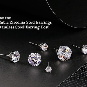 Boucles d'oreilles en acier inoxydable avec zircone cubique de 3 à 8 mm avec tige en zircone cubique ronde à 6 broches pour oreilles sensibles hypoallergénique