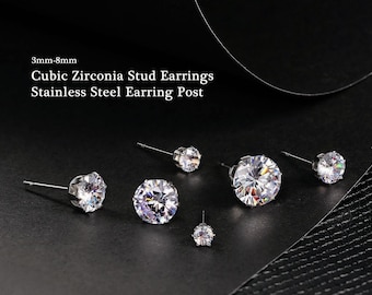 Pendientes de acero inoxidable con circonita cúbica de 3-8 mm y cierre de presión, con 6 puntas de corte redondo y circonita blanca para orejas sensibles. Hipoalergénicos.