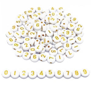 Cuentas acrílicas redondas y planas con números del 0 al 9, color blanco y dorado, para hacer pulseras, collares y otros artículos de bricolaje, 100 unidades.