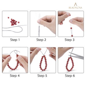 May include: A six-step guide on how to make a bracelet using red beads and black string. The steps are labeled 1 through 6.