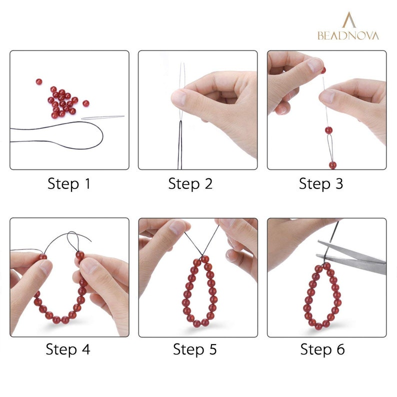 May include: A six-step guide on how to make a bracelet using red beads and black string. The steps are labeled 1 through 6.
