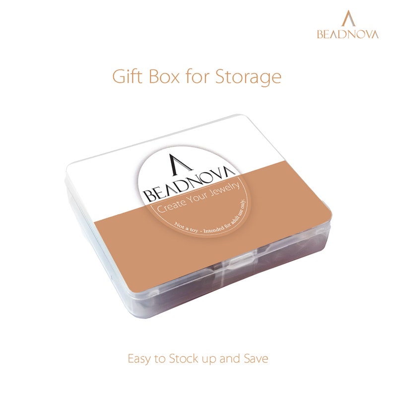 May include: A clear plastic storage box with a brown lid. The lid has a white circle with the logo "BEADNOVA Create Your Jewelry" and the text "Not a toy - Intended for adult use only".