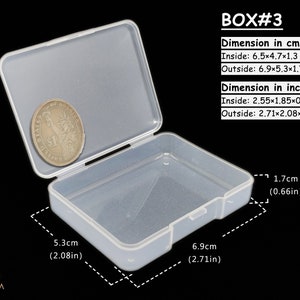 May include: A clear plastic storage box with a hinged lid. The box is 6.9 inches long, 5.3 inches wide, and 1.7 inches high. The inside dimensions are 2.55 inches long, 1.85 inches wide, and 0.51 inches high.