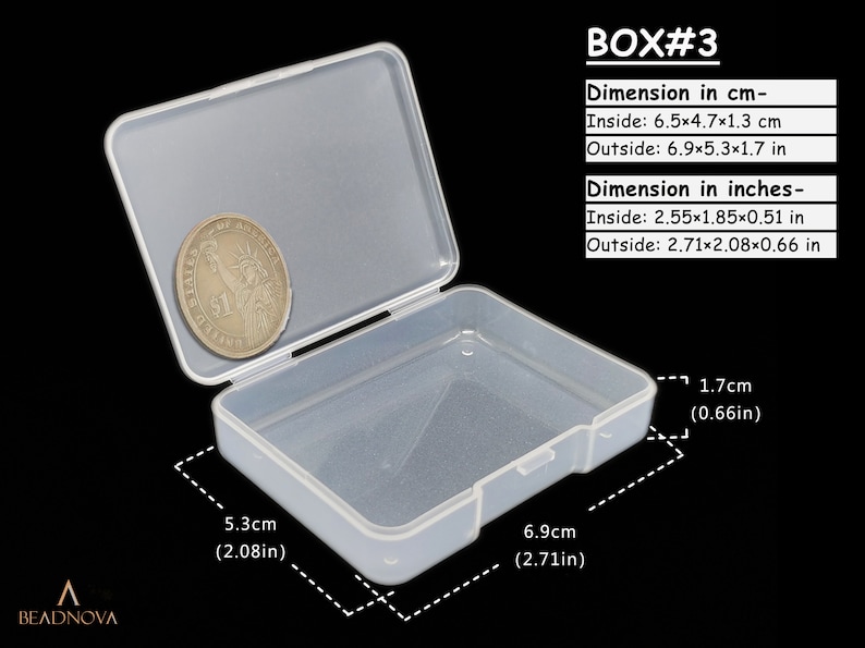 May include: A clear plastic storage box with a hinged lid. The box is 6.9 inches long, 5.3 inches wide, and 1.7 inches high. The inside dimensions are 2.55 inches long, 1.85 inches wide, and 0.51 inches high.