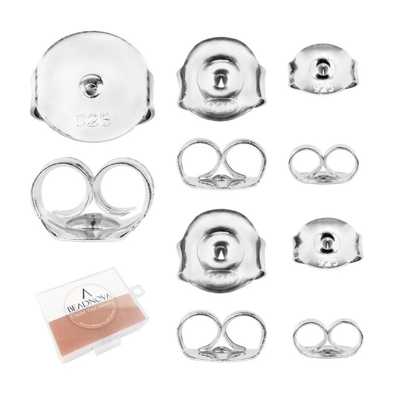 May include: A set of 925 sterling silver earring backs, including butterfly backs and push-back backs. The backs are packaged in a clear plastic box with the Beadnova logo.