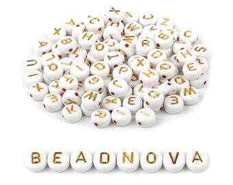 Alphabet ABC Beads White & Gold Color Ins Letters Acrylic Flat Round Name Beads Initial Words Pony Spacer Beads Assorted Mixed Bulk A-Z