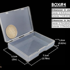 May include: A clear plastic storage box with a hinged lid. The box is 7.1 inches long, 5.1 inches wide, and 1.6 inches high. The inside dimensions are 2.71 inches long, 1.81 inches wide, and 0.51 inches high.