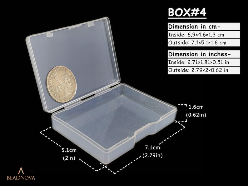May include: A clear plastic storage box with a hinged lid. The box is 7.1 inches long, 5.1 inches wide, and 1.6 inches high. The inside dimensions are 2.71 inches long, 1.81 inches wide, and 0.51 inches high.