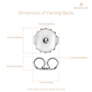May include: A diagram showing the dimensions of earring backs in inches and millimeters. The earring backs are silver and have a hole size that fits most earrings.