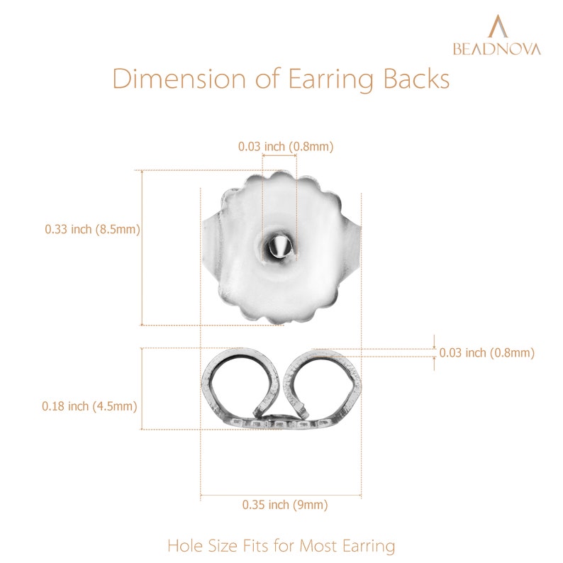 May include: A diagram showing the dimensions of earring backs in inches and millimeters. The earring backs are silver and have a hole size that fits most earrings.