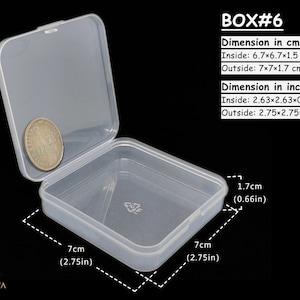 May include: A clear plastic storage box with a hinged lid. The box is 7 inches wide and 1.7 inches tall. The box is labelled "BOX#6" and includes measurements in both inches and centimetres.