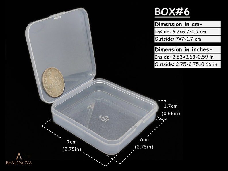 May include: A clear plastic storage box with a hinged lid. The box is 7 inches wide and 1.7 inches tall. The box is labelled "BOX#6" and includes measurements in both inches and centimetres.