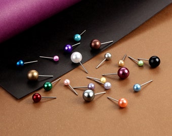 Pendientes de perlas de cristal de imitación, pendientes de 4mm, 5mm, 6mm, 8mm, 10mm, 12mm, conjunto de tamaños mixtos, pendientes de acero inoxidable, paquete al por mayor a granel