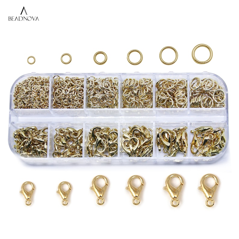 14k Gold Plated Light Gold Claw Clasps & Open Jump Rings Trigger Catch 3-8mm Rings 10 12 14mm Clasps Jewelry Kits Box Set For Jewelry Making image 3