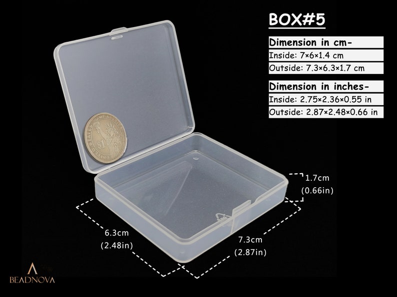 May include: A clear plastic storage box with a hinged lid. The box is 7 cm long, 6 cm wide, and 1.4 cm tall. The box is 7.3 cm long, 6.3 cm wide, and 1.7 cm tall.