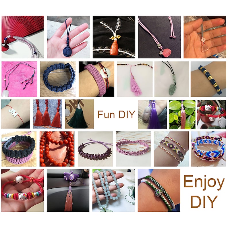 Puede incluir: Una colecci&oacute;n de pulseras, collares y llaveros coloridos hechos con cordones anudados y cuentas. La imagen incluye una variedad de colores, patrones y estilos, incluyendo rojo, azul, verde, morado y negro. El texto "Fun DIY" y "Enjoy DIY" tambi&eacute;n es visible en la imagen.
