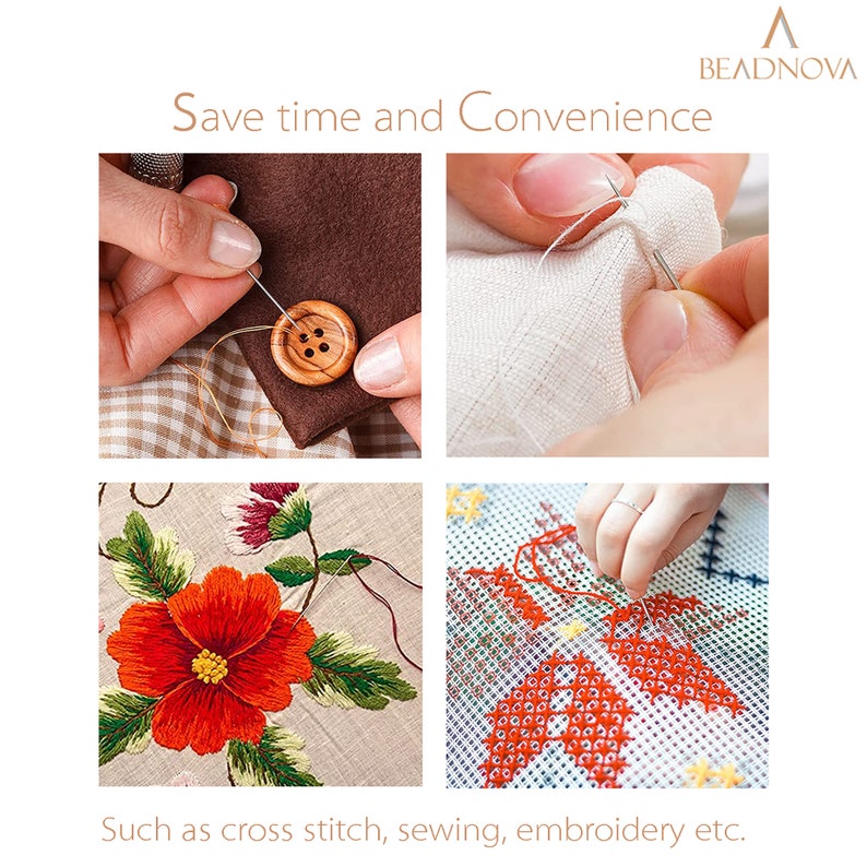 May include: Four images showing different types of needlework, including sewing a button, hand stitching, cross stitch, and embroidery. The text "Save time and Convenience" is at the top of the image. The text "Such as cross stitch, sewing, embroidery etc." is at the bottom of the image.