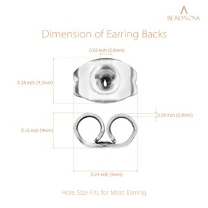 May include: Silver earring backs with a hole size of 0.24 inches (6mm). The backs are designed to fit most earring posts. The image shows the dimensions of the earring backs in inches and millimeters.