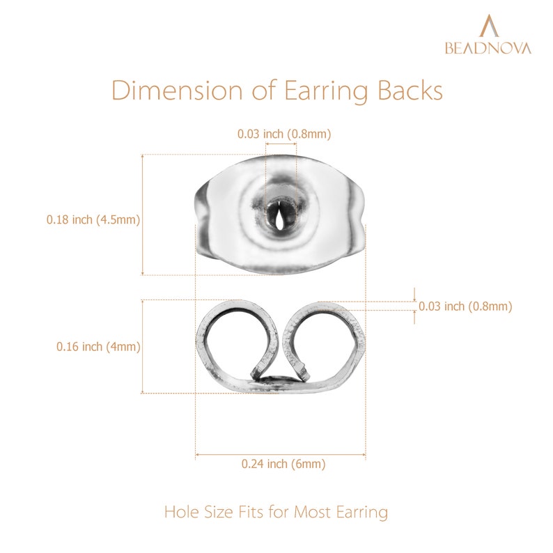 May include: Silver earring backs with a hole size of 0.24 inches (6mm). The backs are designed to fit most earring posts. The image shows the dimensions of the earring backs in inches and millimeters.