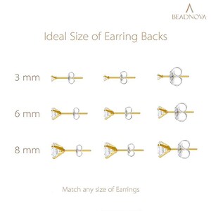 May include: A chart showing the ideal size of earring backs in millimeters. The chart shows three sizes: 3 mm, 6 mm, and 8 mm. Each size is represented by a pair of earring backs.