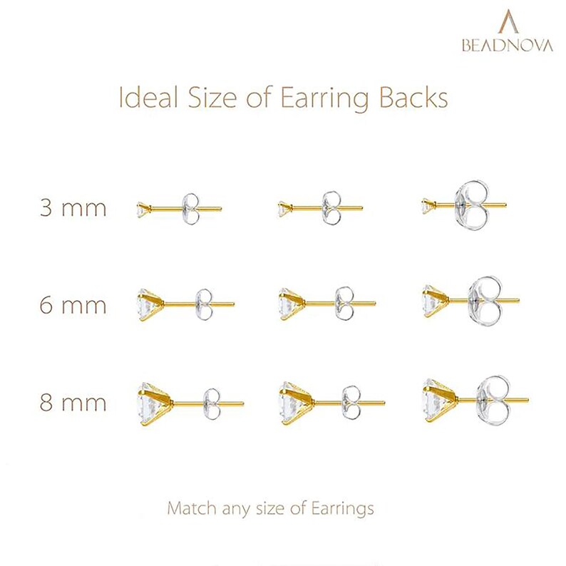 May include: A chart showing the ideal size of earring backs in millimeters. The chart shows three sizes: 3 mm, 6 mm, and 8 mm. Each size is represented by a pair of earring backs.