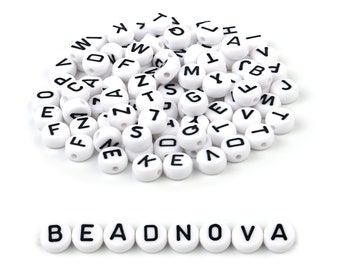 Alphabet Beads, White Acrylic ABC Letter Flat Round Name Beads Initial Black Word Friendship Bracelet Beads Pony Bulk Assorted Color A-Z