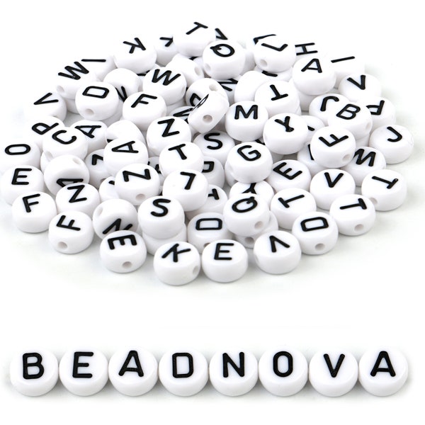 Alphabet Beads, White Acrylic ABC Letter Flat Round Name Beads Initial Black Word Friendship Bracelet Beads Pony Bulk Assorted Color A-Z